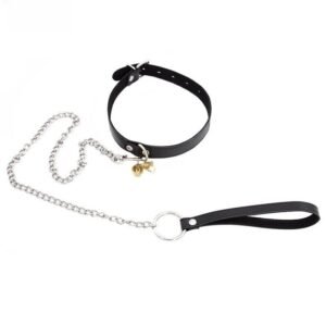 Stylish Black Leather Collar with Chain Leash - Edgy and Elegant Accessory