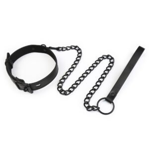 Cool Black Leather Collar and Chain Leash Set