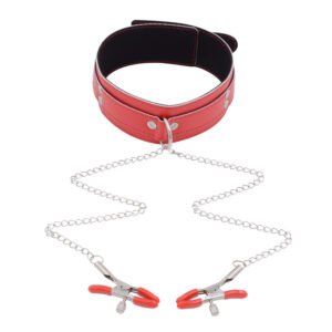 Adjustable Leather Collar with Nipple Clamps